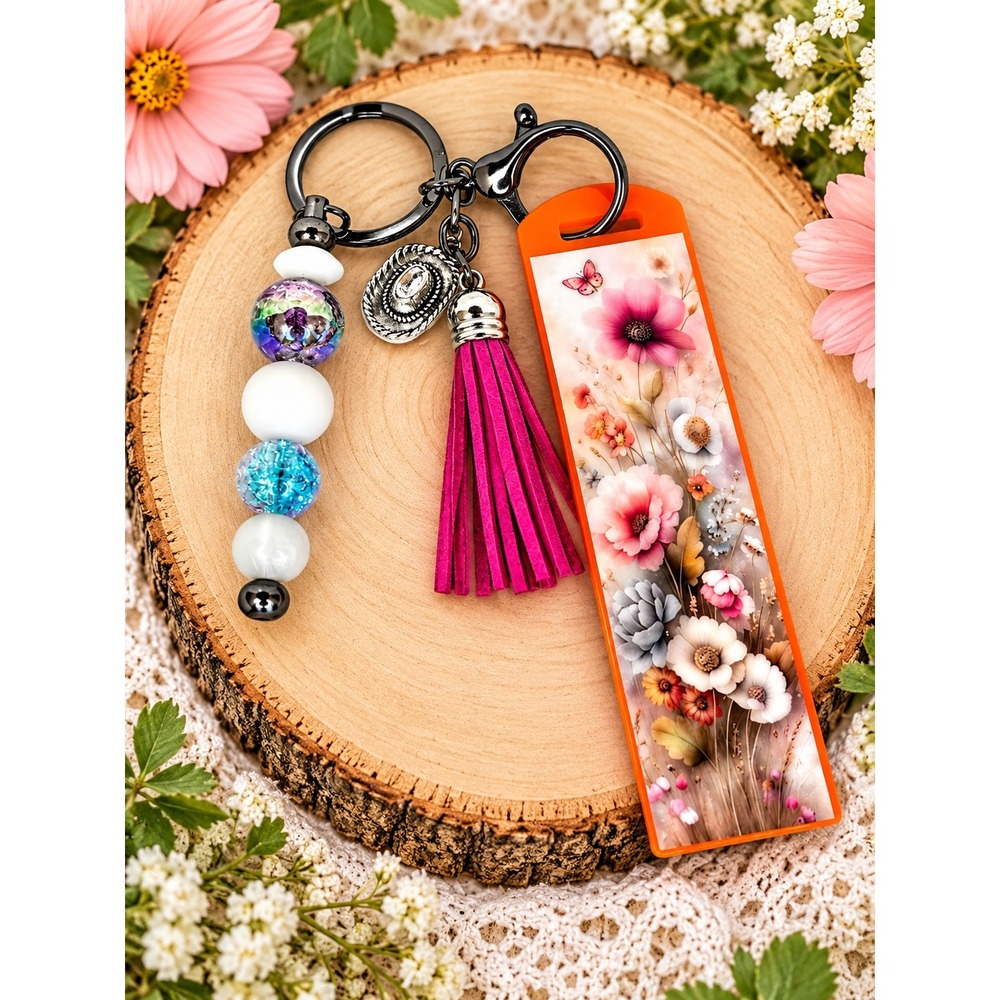 Floral Lighter Case Keychain with Tassel and Cowboy Hat Charm Orange Pink 20